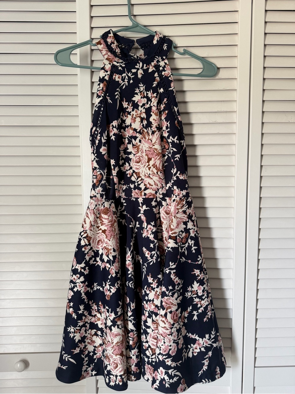 B Darlin Navy Floral Halter Dress with Pink Roses